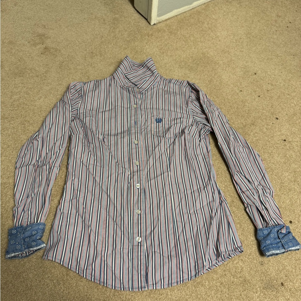 Cinch Multicolor Striped Shirt with Blue Floral Detail